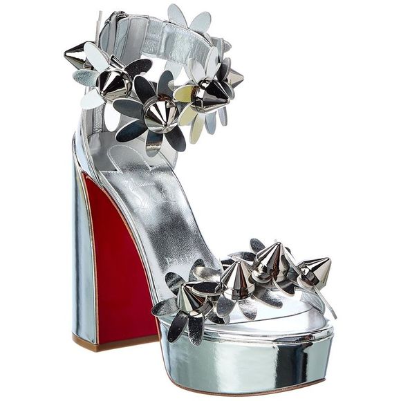 Christian Louboutin Shoes - Christian Louboutin Daisy Spikes Alta 130 Leather Platform Sandal, Silver